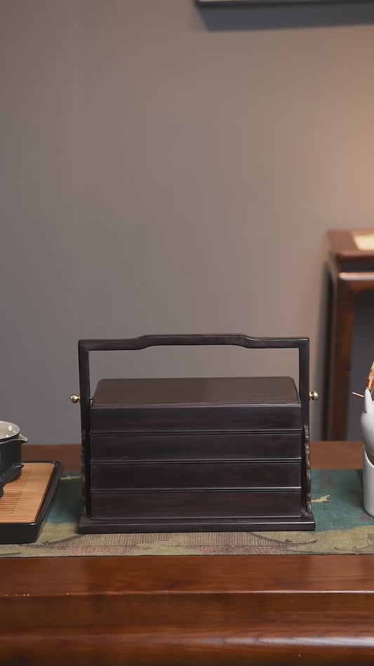 Ebony Wood Three-Tier Carrying Box | Solid Mortise-Tenon Joinery | Chinese Tea & Collectibles Organizer