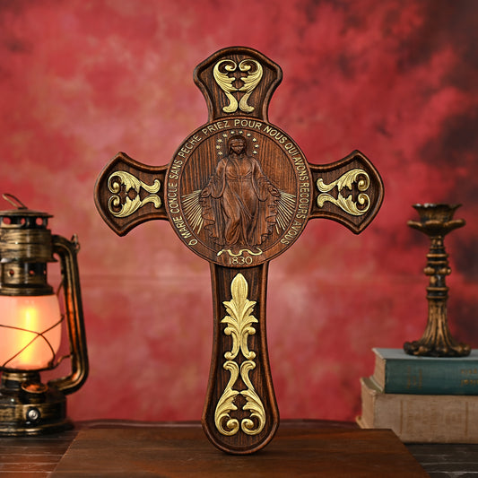 Double-Sided Miraculous Medal Wall Plaque, Hand-Carved Wood, Gilded