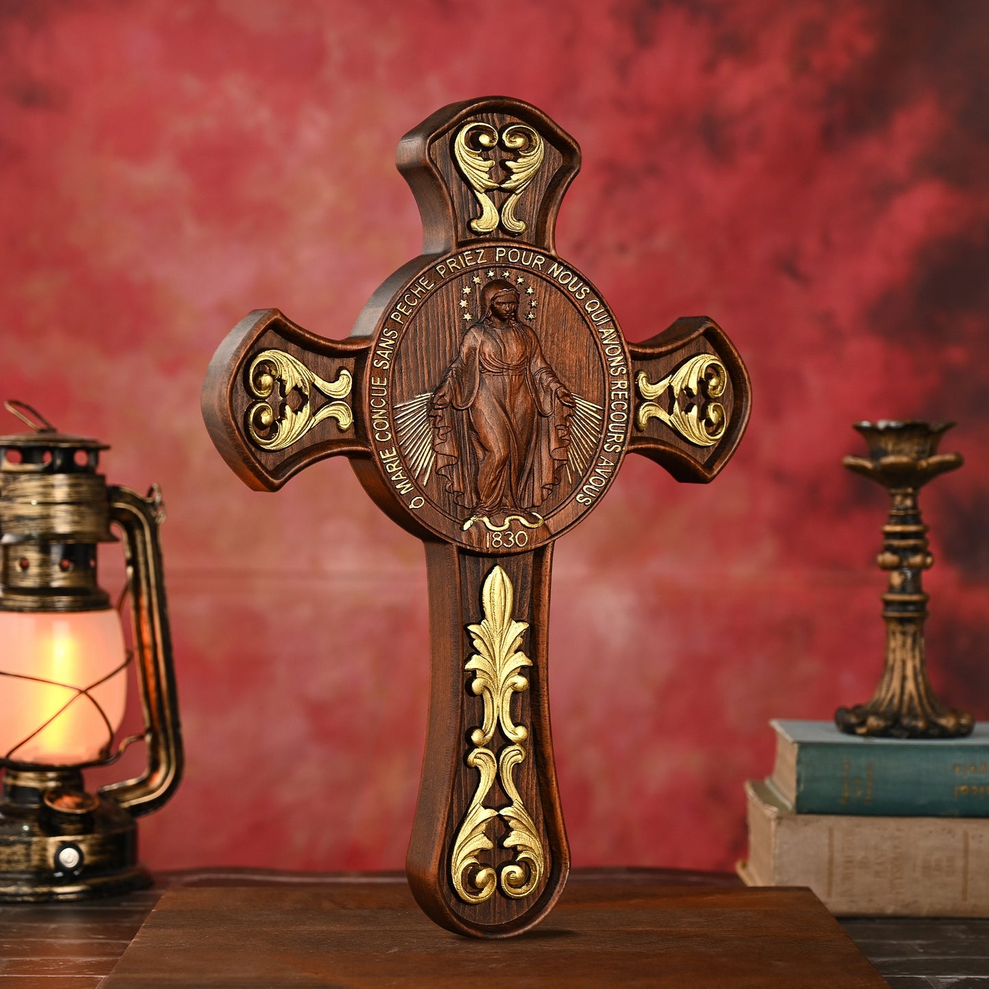 Double-Sided Miraculous Medal Wall Plaque, Hand-Carved Wood, Gilded