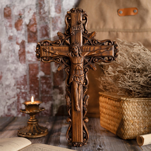 Oak Wood Crucifix Wall Art – Jesus on the Cross Carving